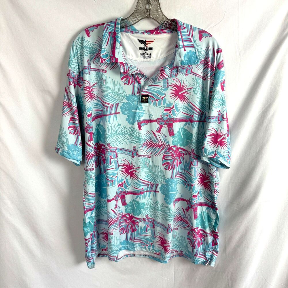 Eagle Six Gear Gun Print Men's Polo Style Shirt Size XL Blue/Pink Short Sleeves